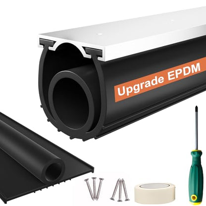 Garage Door Seals Bottom Rubber – 8FT EPDM Weatherproof Seal with Pre-Drilled Aluminum Track Retainer Kit, Fits 8-20FT Doors, Rodent Proof, Noise Reducing (1.57" Width, Black) - size: With Aluminum Track - 8 FT