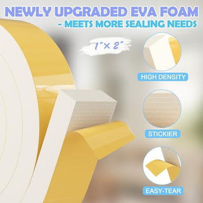 1"×2" EVA Foam Strips with Adhesive Weather Stripping Tape Larger Foam Weather Stripping Strip for Large Gap Insulation (1"×2",13FT,White) - color: White, size: 13ft (2"×1")