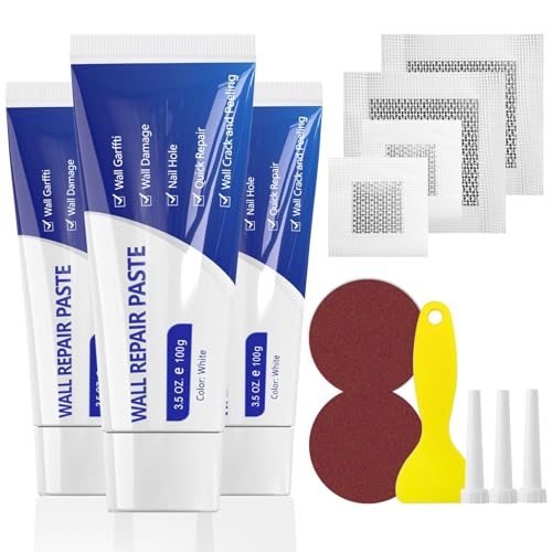 SEISSO Drywall Repair Kit, Wall Mending Agent*3(100g), Wall Patch*4, Scraper and Sandpaper*2, Wall Repair Paste Kit for Wall Cracks, Graffiti, Whitewall Hole Filler and Plaster Dent Repair - color: 3pcs wall paste