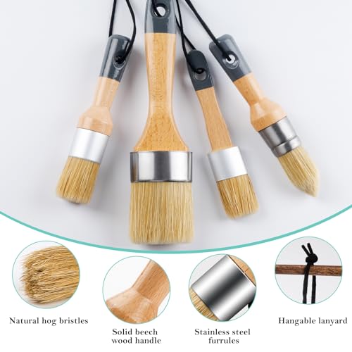 Mister Rui Chalk Paint Brush, 4 pcs Wax Paint Brush Set, Wax Brushes for Waxing and Stenciling, Natural Bristles Round Paint Brushes, Ideal for DIY Home Decor, Art Crafts - size: 4PCS, 1 Medium, 3 Small
