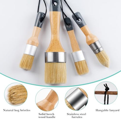 Mister Rui Chalk Paint Brush, 4 pcs Wax Paint Brush Set, Wax Brushes for Waxing and Stenciling, Natural Bristles Round Paint Brushes, Ideal for DIY Home Decor, Art Crafts - size: 4PCS, 1 Medium, 3 Small