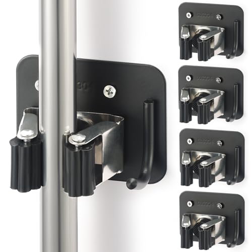 Broom Holder Wall Mount Screw Drilling, Sturdy Heavy Duty Stainless Steel Mop Gripper Rack Perforated, Perfect for Laundry Room Organizer, Fit with Laundry Kitchen Garage Garden Storage System - color: Black-Silver