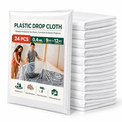 24 Pack Plastic Drop Cloths for Painting, 9 x 12 FT Clear Painters Plastic Sheeting, Disposable Drop Cloth for Floor, Furniture, Couch & Carpet Protection - color: 24 - Pack