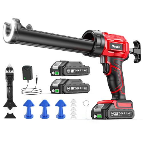 Electric Caulking Gun, Cordless Caulking Gun with 2x 2000mAh Batteries, 9Pcs Silicone Caulking Tools, 4 Adjustable Speeds, LED Light, 10OZ Battery Silicone Gun for Filling, Sealing (Red) - color: Red