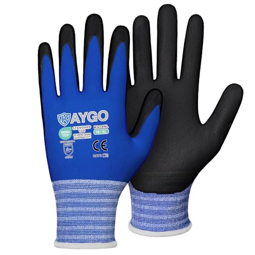 KAYGO Safety Work Gloves MicroFoam Nitrile Coated, 3 Pairs KG19NB,Seamless Knit Nylon Glove with full fingers Touchscreen, Ideal for Automotive,Warehouse,Construction (X-Large, Blue) - color: Blue, size: X-Large