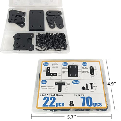QSJ 22 Pack Straight Brace Stainless Steel Black Flat Brace Straight Corner Braces Straight Brackets Metal Flat Straight Mending Plates with Screws - size: 22Pcs Bracket Set (Flat T/L/Square/Strip)