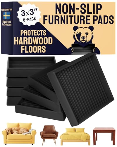 CasterMaster Square Non-Slip Furniture Pads - 3 in x 3 in, Pack of 8, Black - Stoppers to Prevent Sliding - Floor Protectors for Furniture - Noise Reduction & Caster Cups for Vinyl Floors - color: Black, size: 3'' x 3'' (Pack of 8)