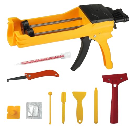 Double Caulking Gun,Dual Epoxy Gun for 400 mL(13.5 fl oz,1:1 Mix Ratio),Manual Dual Component Adhesive Applicator with 9 Pieces Caulk Tools,Yellow - color: Yellow