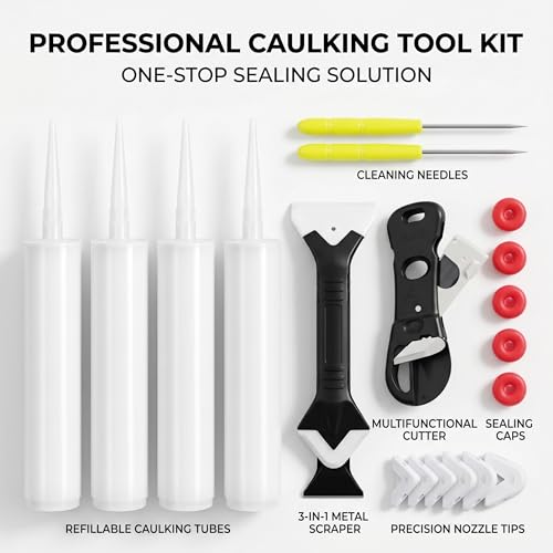 4 Pack Empty Caulking Sealant Tubes - 10 Oz Capacity Each, with 3-in-1 Silicone Scraper, 5 Caps, 2 Nozzle Cleaners, Multifunctional Cutter for Standard Caulking Guns