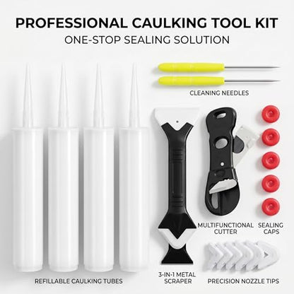 4 Pack Empty Caulking Sealant Tubes - 10 Oz Capacity Each, with 3-in-1 Silicone Scraper, 5 Caps, 2 Nozzle Cleaners, Multifunctional Cutter for Standard Caulking Guns