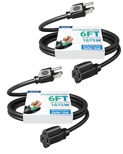 DEWENWILS Extension Cord 6ft, 14/3 SJTW Weatherproof Power Cable for Indoor Use, 3 Prong Heavy Duty Power Cord, Black, ETL Listed, 2 Pack - size: 6FT