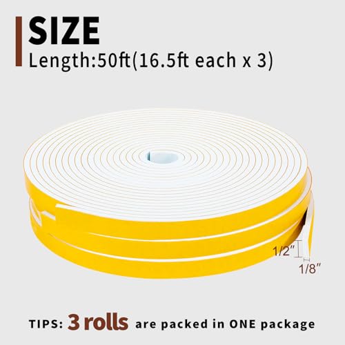 Yotache White Windows Doors Insulation Seal Tape 3 Rolls 1/2" x1/8", Adhesive Foam Gasket for Weather Stripping, Cabinet Door Frame, Total 50 Feet Long (3 X 16.5 Ft Each) - size: 1/2"x1/8"x 50FT