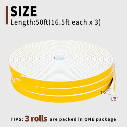 Yotache White Windows Doors Insulation Seal Tape 3 Rolls 1/2" x1/8", Adhesive Foam Gasket for Weather Stripping, Cabinet Door Frame, Total 50 Feet Long (3 X 16.5 Ft Each) - size: 1/2"x1/8"x 50FT