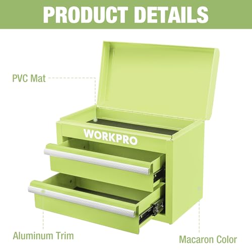 WORKPRO Metal Mini Tool Box, Top Tool Chest containing Two Drawers with Ball Bearing Slides, PVC Drawer Liners and PP Feet Pads, Durable Cold Rolled Steel Small Toolbox for Multi-Purpose Storage - color: Macaron Green