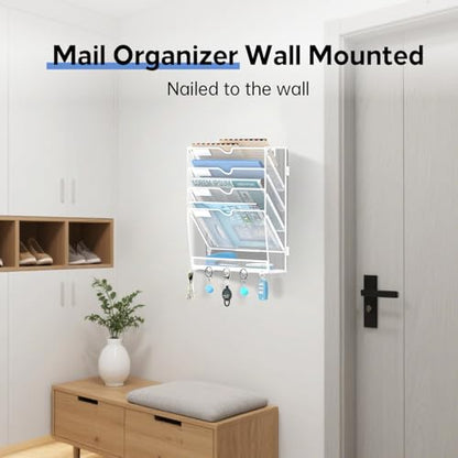5 Tier Wall File Organizer - Hanging File Organizer with 5 Hooks, Mail Holder Wall Mounted for Papers, Folders, Magazines, Bills, Office&School Organization, White - size: 5 Tier-White