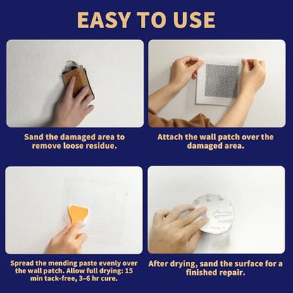 Breliter Drywall Patch Repair Kit - Premium All-in-One Repair Set (Patches/Scrapers/Sandpaper/Texture Sponge/Putty Knife) for Wall Holes, Cracks, Graffiti & Stains, Formaldehyde-Free, White (8.8oz)