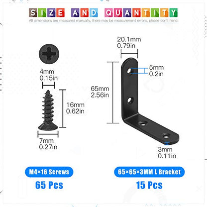 Glarks 15 Sets 65mm Black L Bracket Right Angle Corner Brace Joint Fastener for Wood Chair Bookshelf Board Window Furniture Cabinet (65x65x3mm) - size: 65x65x3mm