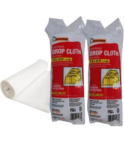 Light Weight Drop Cloth, Clear Plastic, 9 ft x 12 ft, .7 mil, Protects Furniture and Flooring When Painting or Cleaning, Set of 2