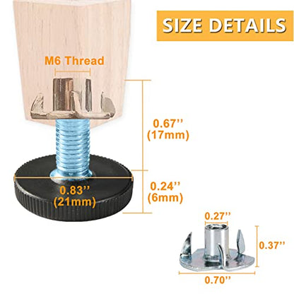 24 PCS M6 Thread Adjustable Furniture Levelers Screw in Threaded, Steel Screw Feet Leveling Legs Screw On w/T-Nuts Glide for Table, Chair, Furniture Leg (M6 Thread) - size: M6-24PCS-With Inserts