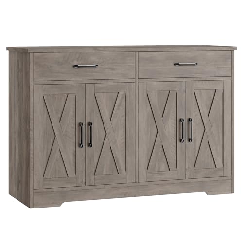 HOSTACK Buffet Cabinet with Storage, 47.2" Kitchen Sideboard Buffet with Drawers, Modern Farmhouse Coffee Bar Station with Shelves, Barn Doors Storage Cabinet for Living Room, Ash Grey - color: Ash Grey