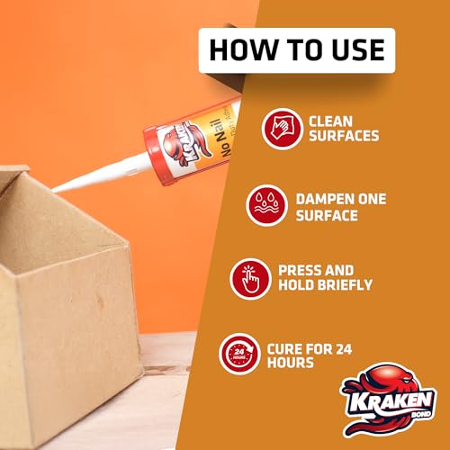 Kraken Bond No More Nails Heavy Duty Clear Adhesive - (12x10.1 Fl Oz) 100% Waterproof & Extra Strong Polyurethane Construction Sealant for Wood, Ceramic, Tile, Floor, Granite, Rubber - 12 Pack - size: 12 Pack, style: No More Nails Heavy Duty Adhesive