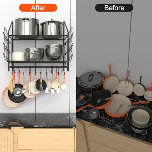 VyGrow 28 Inch Pot Rack Wall Mounted, 2 Tier Pots and Pans Organizer with 20 Hooks and 6 Pot Lid Holders, Heavy Duty Steel Pot and Pan Hanger for Kitchen Cookware Utensils Storage 34.7" Lx13 Wx26.4 H - color: 28"W 2 Tier Black
