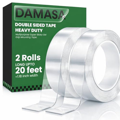 Heavy Duty Double Sided Tape 2 Rolls – 240" x 1.18" Clear Removable Nano Mounting Tape for Poster, Carpet, Rug, Picture Hanging & DIY – Strong Adhesive Multipurpose Two Stick Sided Tape 20 Feet - size: 1.18" x 20 Feet