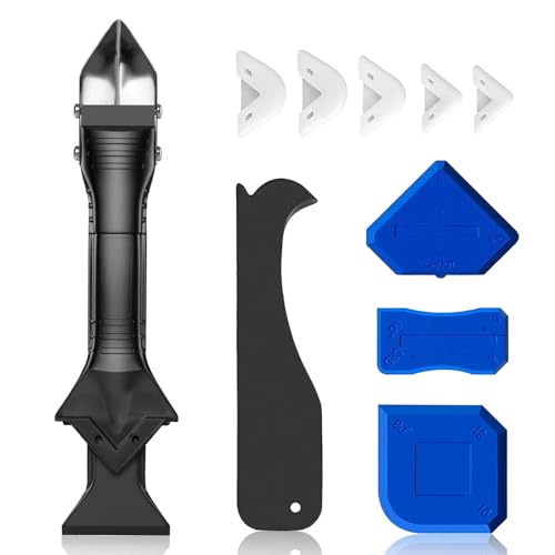 Multifunction Caulking Tool Kit - 9-in-1 Glue Remover Knife, Silicone Scraper with 5 Replaceable Pads for Corner, Angle, Crevice, Grout & Beauty Spatula Sealant Finishing Tool