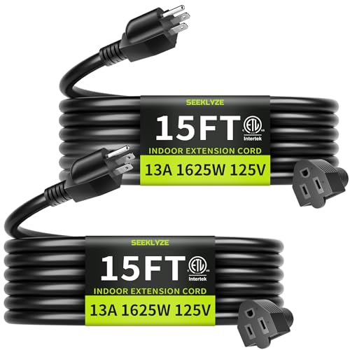 16/3 Black 15 FT (2Pack) Extension Cord, Indoor Extension Cord for Laptops, Coffee Makers, Office Home Appliances, 3 Prong Resistant Cable Flexible, 13A 125V 1625W ETL Listed - color: Black, size: 15FT-2pc, style: 16AWG Extension Cord