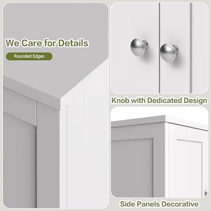 Nuturelly Bathroom Floor Storage Cabinet, Freestanding Pantry Cabinets with 4 Doors & 3 Adjustable Heights, Bathroom Organizers and Storage Waterproof Board & Metal Handles for Kitchen, Creamy White