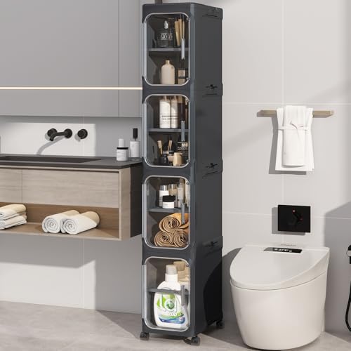 KHNR 4-Tiers Slim Bathroom Storage Cabinet, Foldable Storage Cabinets,Narrow Bathroom Storage,Movable Bathroom Storage Organizer for Small Spaces,Bathroom,Kitchen,Laundry,Black - color: Black, size: 4-Tiers