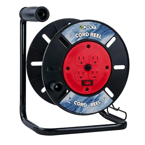 Extension Cord Storage Reel, Retractable Heavy Duty Open Cord Reel for 12/3,14/3,16/3 Gauge Extension Cord, Portable Empty Hand Wind Power Cord Roller Holder with 4-Grounded Outlets - color: Red
