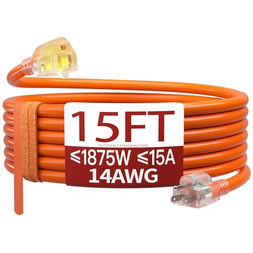 15 FT 14/3 Extension Cord Outdoor, Heavy Duty Weatherproof & Flame Retardant Orange 3 Prong Power Cord with Light, Outside for Lawn & Garden, 15 Amps 1875 Watts 125 VAC 14AWG SJTW, ETL Listed - color: Orange, size: 15FT, style: 14AWG