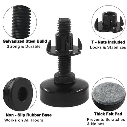 4 Pack Adjustable Leveling Feet, Heavy Duty Furniture Levelers Adjustable Leg Levelers, Support 1320LBs T-Nut Kit 3/8"-16 Thread for Tables Chairs Cabinets Sofa Raiser - color: Black(4 Pack)
