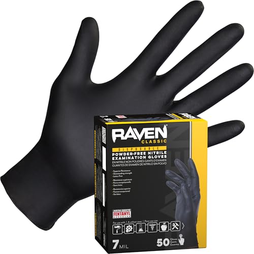 Raven Exam Grade Nitrile Disposable Gloves XL, Powder Free Latex Free Gloves, 7 Mil Puncture Resistant, For Law Enforcement, Automotive, Health Care & Cleaning Supplies, 50 Count - size: X-Large, style: Glove