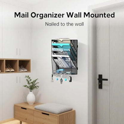 5 Tier Wall File Organizer - Hanging File Organizer with 5 Hooks, Mail Holder Wall Mounted for Papers, Folders, Magazines, Bills, Office&School Organization, Black - size: 5 Tier-Black