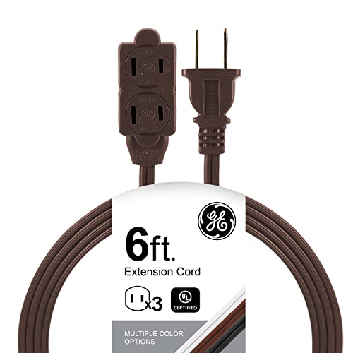 GE 3-Outlet Extension Cord with Multiple Outlets 6 Ft Power Strip 2 Prong 16 Gauge Twist-to-Close Safety Covers Indoor Extender UL Listed Brown 51932 - color: Brown, size: 6 Ft