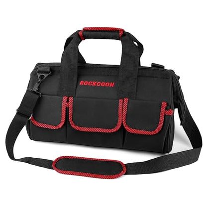 Tool Bag 16'', Multi-pocket Tool Organizer with Shoulder Strap, Heavy Duty Tote with for Tool Storage, Black & Red - color: Red