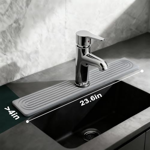 Diatomite Stone Faucet Mat for Kitchen Sink, 23.6 Inch Fast Drying Splash Guard, Super Absorbent Sink Tray Caddy for Dish Soap & Sponge, Bathroom Counter Protector & Organizer, Gray