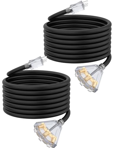 25Ft 12 Gauge Outdoor Extension Cord with 3-Outlets, 2 Pack, Heavy Duty 3 Prong Extension Cord Waterproof with Lighted end, 15A SJTW, ETL Listed, Black - color: Black, size: 25FT 2PACK