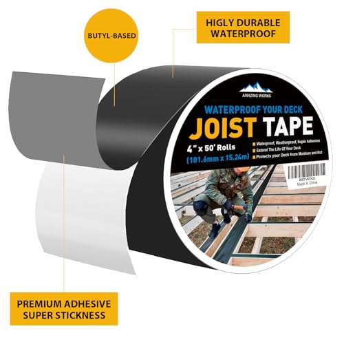 Joist Tape - Heavy Duty Deck Joist Tape, 1 Roll of 4" x 50' Waterproof & Weatherproof Deck Flashing Tape Protects the Top of the joist, Beam, and Rim joist from Developing Rot and Wood Decay - size: 4" X 50', Single Pack