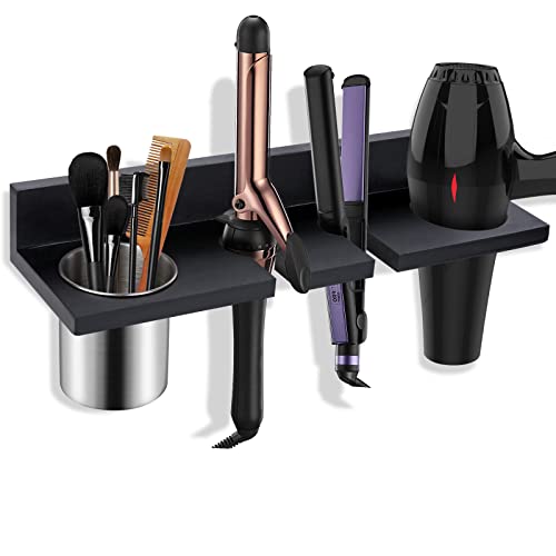 Hair Tool Organizer Wall Mounted - Wooden Dryer Holder, Blow Dryer Holder for Bathroom, Rustic Styling Tools Organizer for Flat Iron, Curling Wand, Hair Straighteners, Brushes, Black - color: Black