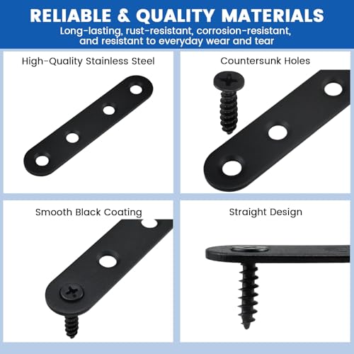 38Pcs Black Straight Flat Metal Bracket, Stainless Steel Mending Plates with 92 Screws & Drill Bit, 36mm/46mm/56mm/76mm, Heavy-Duty Brace for Wood Furniture, Chair