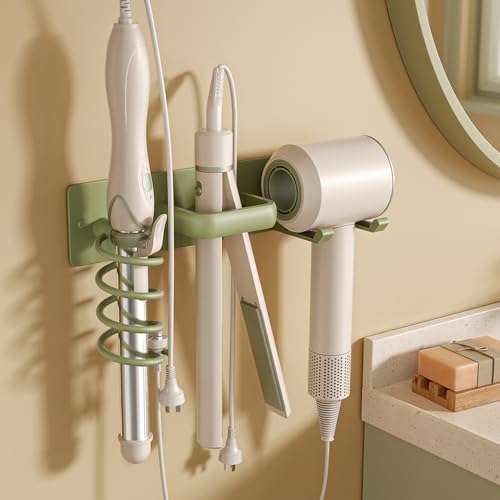 BSICPRO Hair Dryer Holder-3 in 1 Blow Dryer Holder-Metal Bathroom Hair Tool Organizer Wall Mounted-Bathroom Organizer for Hairdryer Curling Iron Flat Iron (Sage) - color: Sage Green