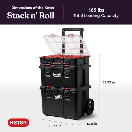 Keter Stack-n-Roll Modular Tools Organizer for Garage Storage and DIY, 3 Piece Resin Rolling Tool Box System for Small Parts, Black - size: 3PC System