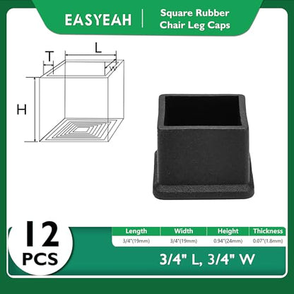 EASYEAH 3/4" (19mm) Square Chair Leg Floor Protectors, Black Rubber Chair Leg Caps, Non-Slip Patio Furniture Feet Cap, PVC Chair Feet Covers for Hardwood Floors, Tables & Patio Furniture, 12pcs - size: 3/4" x 3/4"