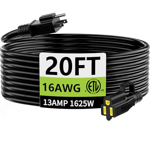 HUANCHAIN 20 FT Outdoor Extension Cord Waterproof, 16/3 Gauge 3 Prong Black Extension Cord Outside, 13A 1625W 16AWG SJTW, Flexible Cold-Resistant Appliance Electric Cable, ETL - color: Black, size: 20 FT No velcro, style: 16/3 Extension Cord