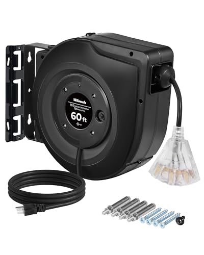 Retractable Extension Cord Reel, 60 FT Heavy Duty Extension Cord, 12AWG/3C SJTOW, 3 Grounded Outlets Lighted Triple Tap, 15A Circuit Breaker, Wall/Ceiling Mounted, UL Listed, H60CR06 - color: Black