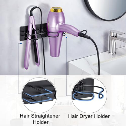 Hair Dryer and Straightener Holder Wall Mounted, Self Adhesive Blow Dryer and Flat Iron Storage Hair Tool Organizer for Bathroom Vanity (Black) - color: Matt Black