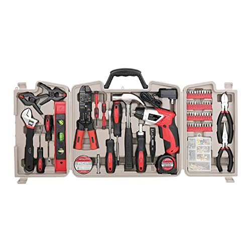 Apollo Tools 161-Piece Complete Household Tool Set with 3.6 Volt Lithium-Ion Cordless Screwdriver and Most Needed Hand Tools Selection for Boats, Vehicle and Garage - Red - DT0739